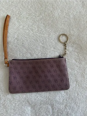 Dooney & Bourke Monogram Wristlet Pouch Purple Tan Coated Canvas Zip Clutch thumbnail 4