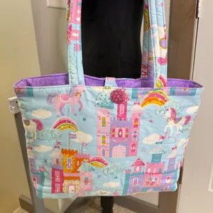 Handmade Quilted‎ Tote Bag Castles Unicorns Fantasy Pink Purple Blue Large Purse thumbnail 2