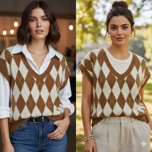 Free People Sweater Vest Women's Through the Motion Argyle Boxy Tan Cream Medium thumbnail 12