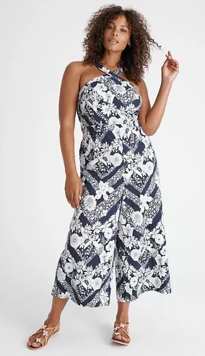 NWT!! Anthropologie MAEVE Magda Halter Jumpsuit Retro Floral Wide Legs Size 24W‎ thumbnail 1