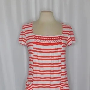 Anthropologie MEADOW RUE Marin Striped Top Smocked Knit Red White Medium thumbnail 3