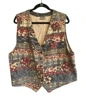 Vintage DAK Floral Denim Vest Womens 2X Acid‎ Wash Patchwork Plaid Button Front thumbnail 1