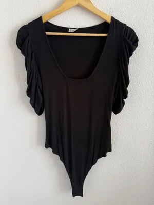 Free People Intimately Black Scoop Neck Puff Sleeve Bodysuit Women's Medium thumbnail 1
