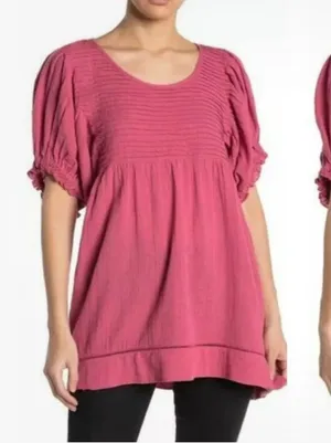 Free People Elsie Linen/Cotton Blend Pink Puff Sleeve Tunic Top Size Small thumbnail 1