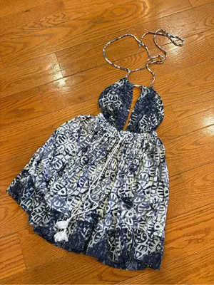 Free People Blue Open Back Halter Mini Dress XS Boho Festival Beachy thumbnail 4