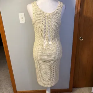 ZARA KNIT Crochet‎ Knit Midi bohemian swim cover Cream Sleeveless V Neck Sheer thumbnail 3