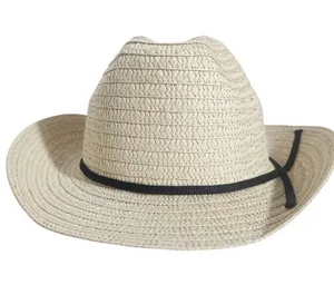 Straw Cowboy Hat with Black Ribbon Trim Unisex Adjustable Chin Strap NWOT thumbnail 1