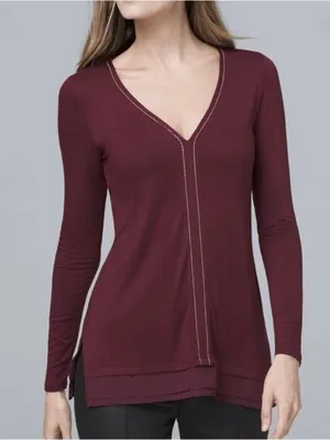 White House Black Market Burgundy Embellished V-Neck Chiffon Hem Top M thumbnail 1