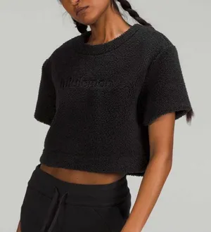 Lululemon Women’s Textured Fleece Embroidered Logo T-shirt Black Size 6 thumbnail 1