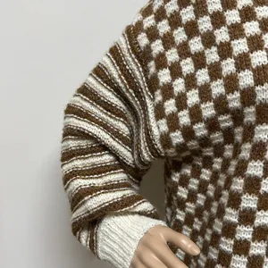 NWOT Blu Pepper Cream & Brown Checkerboard & Striped Sweater Sz S Puffed Sleeve thumbnail 4