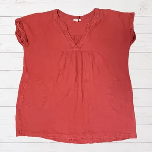 Boho Cotton Gauze Babydoll Dress Rust Coral Earthy Cottagecore Pockets 1X Entro thumbnail 2