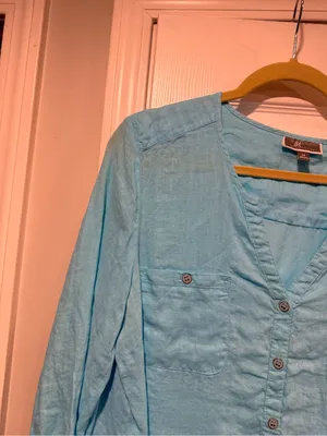 JM Collection Size 14 Aqua Blue Linen Button Down Collarless Beachy Tunic Top thumbnail 3