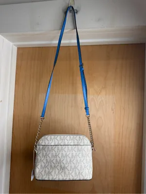 Michael Kors Blue Stripe MK Logo Crossbody Bag Gold Chain Strap thumbnail 5
