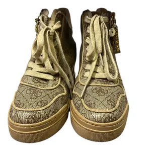 Guess Fiora Wedge Sneaker Lace and Zip Up Brown Cream Gold Shoes Womens 5 M thumbnail 6