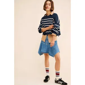 Free People Easy Street Stripe Crop Pullover Size Medium Navy Preppy Coastal thumbnail 6