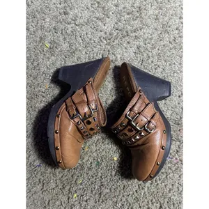 Report Tan Leather Studded Buckle Clogs Wood‎ Block Heel Mules Womens 7 thumbnail 8