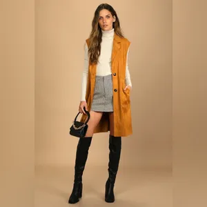 Lulus Brown Brisk Bliss Camel Suede Sleeveless Button‎ Long Trench Coat thumbnail 13