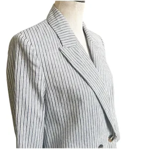 Zara Women’s Striped Linen Blend Boyfriend Blazer Size Medium Two Button Blue thumbnail 5
