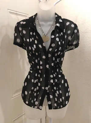 Y2K Office Siren Preppy Vixen Black White Polka Dot Corset Fit Sheer Blouse Shirt Top Button Up Down Short Sleeve blouse #whimsi #gothic #whimsygoth Size 8 - Measurement in pics thumbnail 1