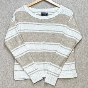 Abercrombie‎ & Fitch Striped Knit Sweater Tan White Small Crew Neck Long Sleeve thumbnail 1