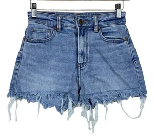 American Eagle Mom Jean Shorts Medium Wash Denim Boho Distressed Frayed Size 00 thumbnail 1