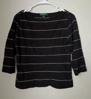 Lauren Ralph Lauren Petite P/M Black Gold Striped 100% Cotton Top thumbnail 1