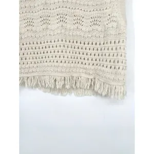 Boden Crochet Sweater Crop Womens L Ivory Fringe Festival Boho Coastal Western thumbnail 3