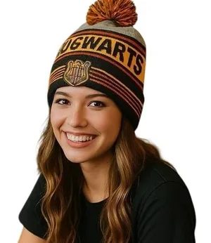 Harry Potter Hogwarts Crest Logo Spell Out Knit Cuff Pom Beanie Hat Cap thumbnail 1