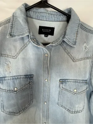 Risen Light Blue Denim pearl snap Button Shirt Distressed Size M thumbnail 2