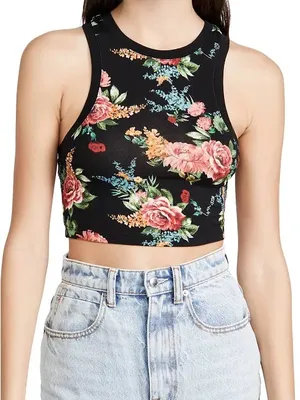 Alice + Olivia Women's Melva Black Floral Print Racerback Crop Tank Top Stretch thumbnail 1