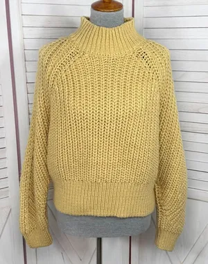 H&M Chunky Knit Funnel‎ Neck Barrel Sleeve Crop Sweater Yellow Medium thumbnail 1