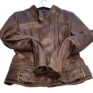 Via Spiga Moto Jacket Women S Brown Leather Biker Quilted Ribbed Gold Hardware thumbnail 5