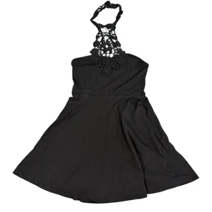Crochet Halter Mini Dress Womens XS Black Fit Flare Boho Goth LBD Festival party thumbnail 9