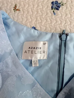 Azazie Slate Blue Floral Jacquard Maxi Flutter Sleeves High Slit Dress Size 10 thumbnail 8