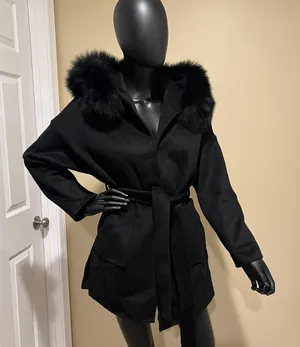 Fox Fur Winter Trench Coat Wool Jacket Parka Bomber Fall Jacket Warm Cardigan Black Size M thumbnail 1