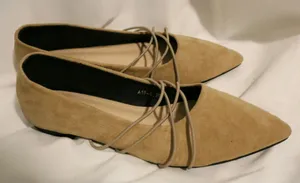 Tan Suede Pointed Toe Flats Ballet Cross Front Straps Strappy Detail thumbnail 6