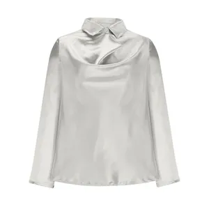 Off White Satin Cowl Neck Long Sleeve Blouse Pointed Collar Elegant Top XL thumbnail 2