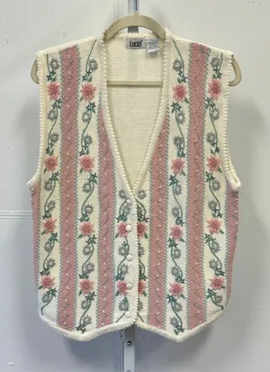 Lucia Vintage Floral Embroidered Crochet Knit Button Vest Sweater Large Pearls thumbnail 1