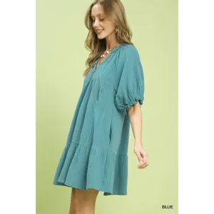 Umgee Cotton Gauze Mini Dress - Blue - Small thumbnail 2
