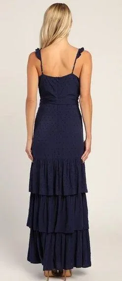 LULU’S Romantic Dreams Navy Blue Ruffled Tiered Swiss Dot Maxi Dress thumbnail 2