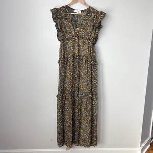 ba&sh Samantha Ruffled Leaf Print‎ Maxi Dress Black Gold Flutter Sleeve Small thumbnail 4