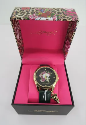 Ed Hardy Women Watch Gold Tone Skull Roses Black Strap Tattoo Art New In‎ Box thumbnail 1