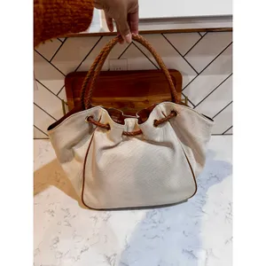 Michael Kors Montauk canvas shoulder bag cream fabric brown leather handles Y2K thumbnail 6