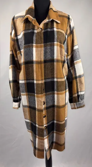 SheIn Plaid Long Coat/Jacket Shirt Camel Black White Plaid thumbnail 1