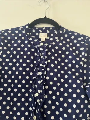 J Crew Navy Blue Polka Dot Ruffle Button Up Top XS 100% Cotton Office Preppy thumbnail 3
