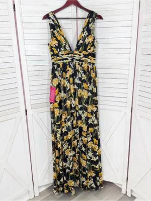 Aidan Mattox Floral Pleat V Neck Front Slit Formal Maxi Dress Black Yellow 8 thumbnail 10
