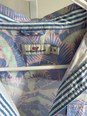 vineyard vines EUC Women's Mini Dress Blue Pink Palm Leaf Tropical Collared 10 thumbnail 2