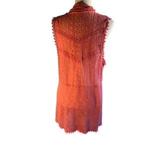 Coral Lace Crochet Long Vest Open Front Draped boho sleeveless thumbnail 4