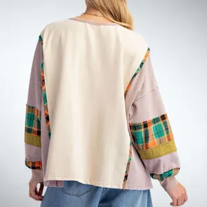 Size S (Oversized) Easel Los Angeles Button Front Color Mixed Washed Top in Oat thumbnail 2