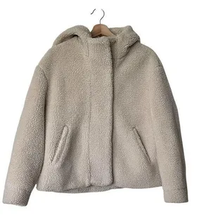 Zara XS Women's Beige Sherpa Teddy Shearling Hooded Cropped Jacket Coat thumbnail 1